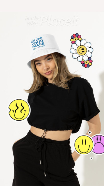 Bucket Hat Video of a Woman Wearing an Athleisure Outfit Featuring Animated Stickers