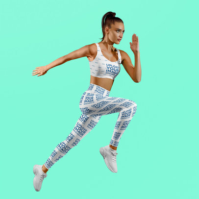 Sports Bra and Leggings Mockup of a Fitness Woman Running Against a Customizable Background