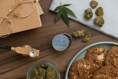 Cannabis-Theme Mockup Featuring a Grinder and Surrounded by Marihuana Buds and Cookies m25435