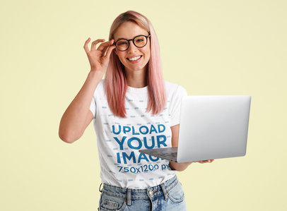 T-Shirt Mockup of a Woman With Glasses Holding a Computer m24196 r-el2