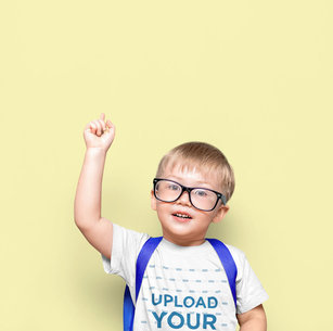 T-Shirt Mockup Featuring a Little Boy With Glasses Pointing Up