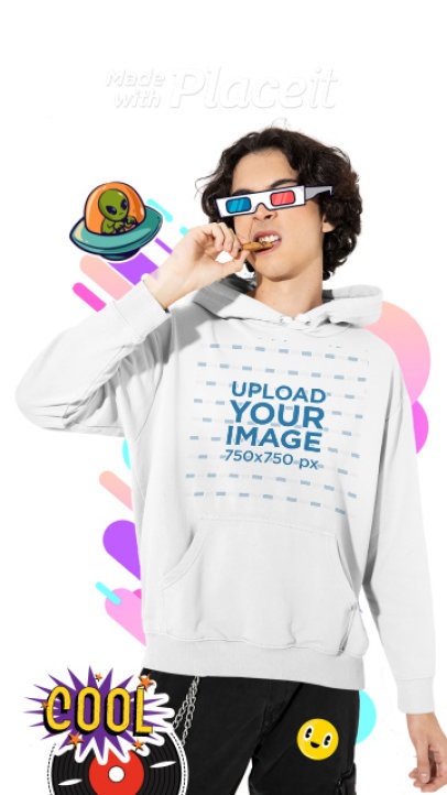 Hoodie Video Featuring a Young Man Wearing Illustrated 3D Glasses Surrounded by Stickers
