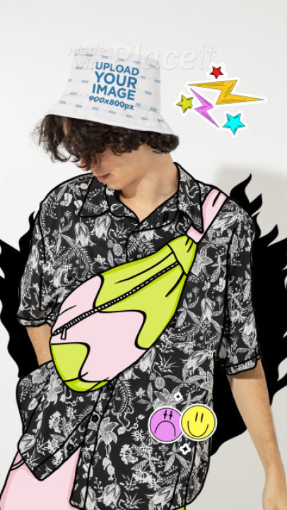 Video of a Bucket Hat Featuring a Man Surrounded by Cool Animated Stickers