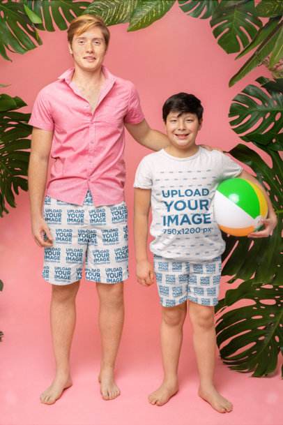 Tropical-Themed Mockup of a Man and a Boy Wearing Swimming Trunks