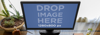 Mockup of a Desktop PC on a Home Desk With Plants