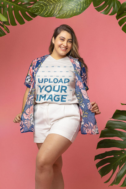Mockup of a Woman Showing Off Her V-Neck Tee in a Summer Setting