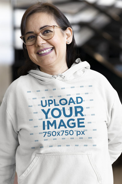 Hoodie Mockup Featuring a Woman Smiling and Wearing Glasses