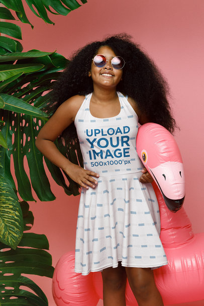 Skater Dress Mockup Featuring a Girl with a Flamingo Pool Float