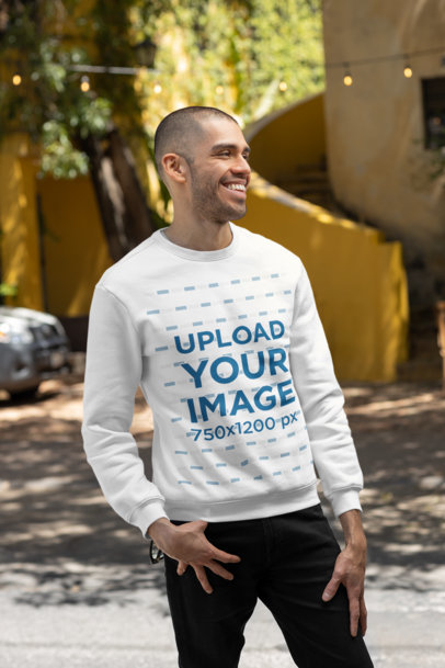 Sweatshirt  Mockup of a Smiling Man Standing in Front of a House 
