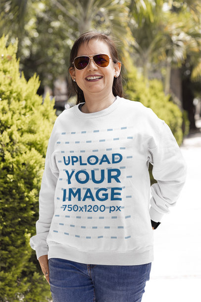Mockup of a Woman with Sunglasses Wearing a Sweatshirt