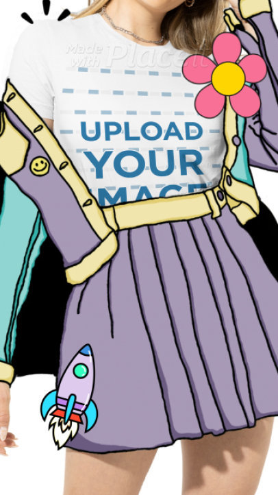 T-Shirt Video Featuring a Happy Woman Wearing an Illustrated Outfit and Surrounded by Animated Stickers