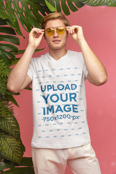 Summer-Themed Mockup Featuring a Man with a V-Neck T-Shirt
