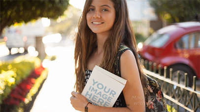 Happy Woman Walking Near a Park Carrying a Book in Stop Motion
