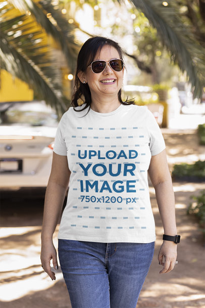 T-Shirt Mockup of a Happy Middle-Aged Woman Walking 