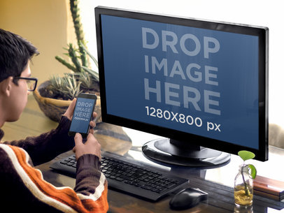 iPhone 6 Mockup and Desktop PC Mockup on a Wooden Desk