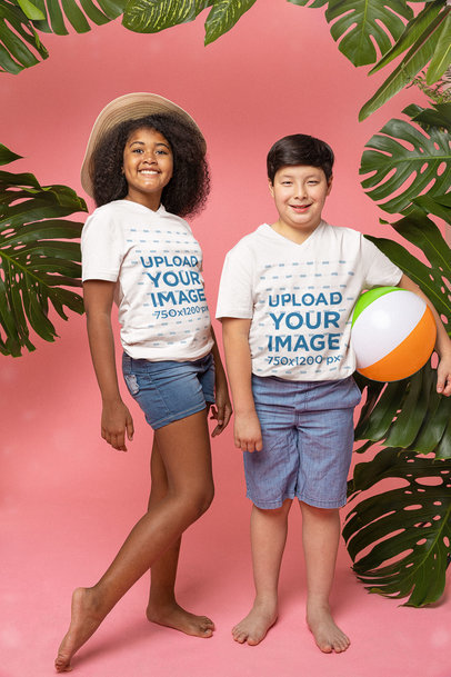 V-Neck T-Shirt Mockup Featuring Two Happy Kids