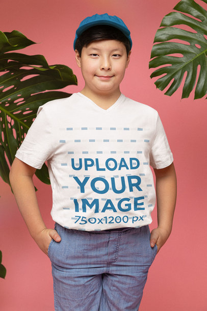 Mockup Featuring a Happy Kid with a V-Neck T-Shirt 