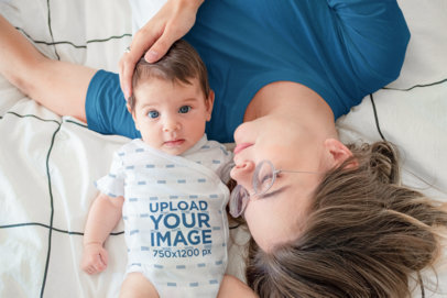 Sublimated Onesie Mockup of a Baby Boy Lying in Bed With Her Mom m19223-r-el2