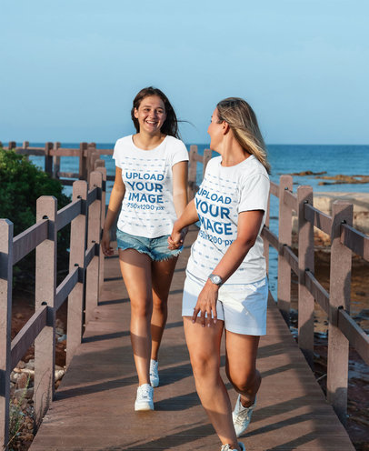 T-Shirt Mockup of a Happy Mother and Daughter Walking by a Dock