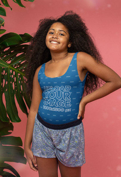 Mockup of a Girl Wearing a Swimsuit and Shorts in a Tropical-Themed Background