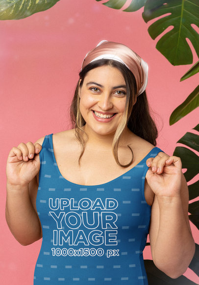 Sublimated Swimsuit Mockup of a Woman Smiling and Wearing a Bandana