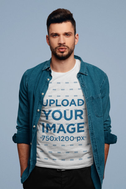 T-Shirt Mockup Featuring a Bearded Man Posing Against a Customizable Background m17260-r-el2