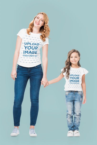 T-Shirt Mockup Featuring a Woman With Her Daughter in a Studio m13878-r-el2