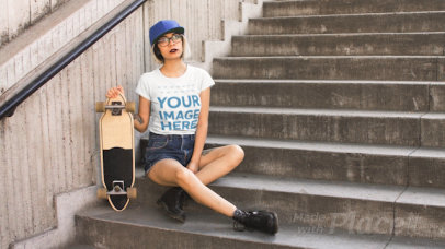 Trendy Woman Wearing a Round Neck T-Shirt Cinemagraph While Her Skate Wheels Moving