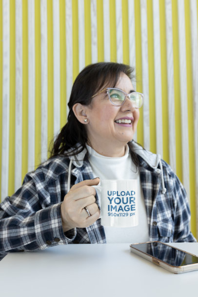 11 oz Coffee Mug Mockup Featuring a Middle-Aged Woman With Glasses