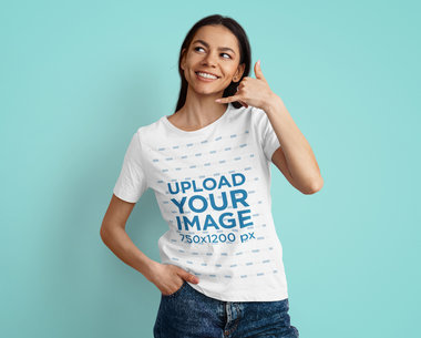 T-Shirt Mockup of a Woman Making a Phone Call Hand Sign
