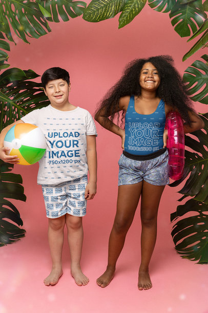 T-Shirt Mockup of Two Kids Wearing a Swimsuit and Swim Trunks at a Studio