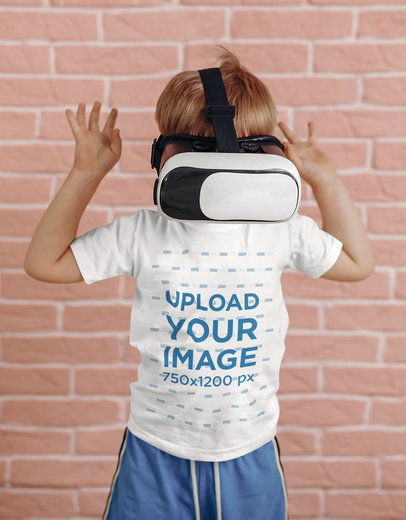Mockup Featuring a Kid Wearing a VR Headset Against a Brick Wall 