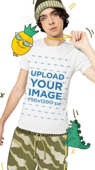 T-Shirt Video of a Bold Young Man Featuring Animated Sticker Graphics