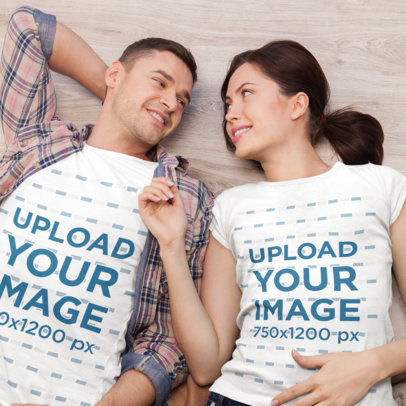 T-Shirt Mockup Featuring a Lovely Couple Smiling and Lying on the Floor m9142-r-el2