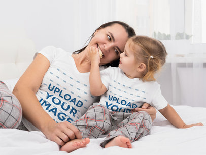 V-Neck and T-Shirt Mockup Featuring a Woman Hugging Her Little Girl m6063-r-el2