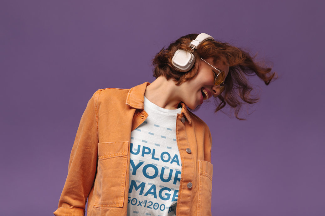 T-Shirt Mockup of a Young Woman Enjoying Her Music