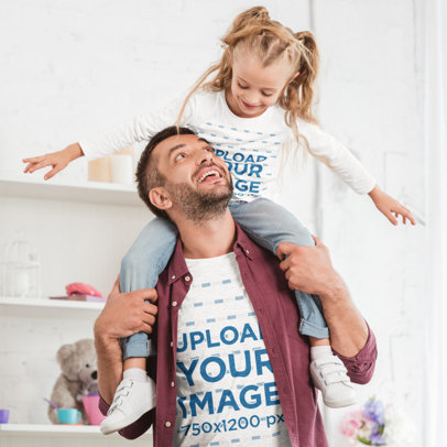 Long-Sleeve Tee & Heathered T-Shirt Mockup of a Father Carrying His Daughter on His Shoulders