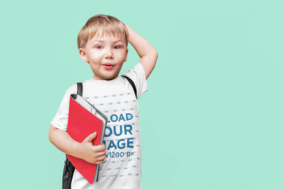 T-Shirt Mockup of a Curious Little Boy Looking Ready for School