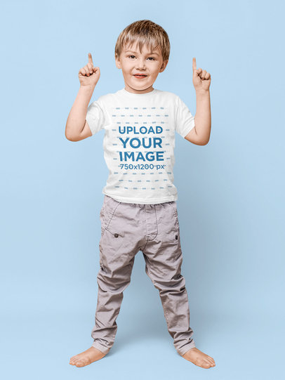 T-Shirt Mockup of a Little Boy Pointing Up with His Fingers