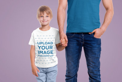 T-Shirt Mockup of a Boy Taking His Dad's Hand in a Studio