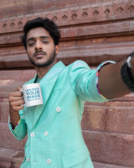 Coffee Mug Mockup Featuring a Stylish Man Taking a Selfie