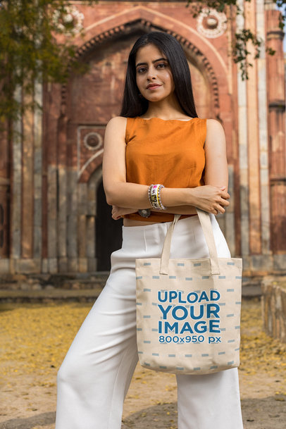 Sublimated Tote Bag Mockup Featuring a Stylish Woman