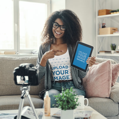 Tank Top Mockup Featuring an Influencer Woman Filming a Video  m18972-r-el2