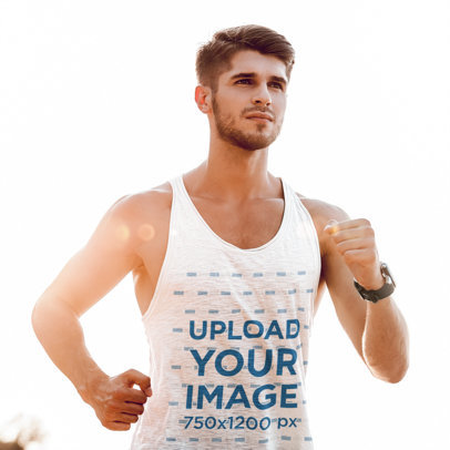Mockup of a Young Fit Man Running While Wearing a Tank Top