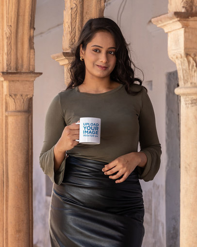 11 oz Coffee Mug Mockup of a Woman Wearing an Elegant Outfit