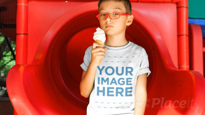 Kid's Tshirt Video of a Little Boy Eating an Ice Cream Cone at the Park