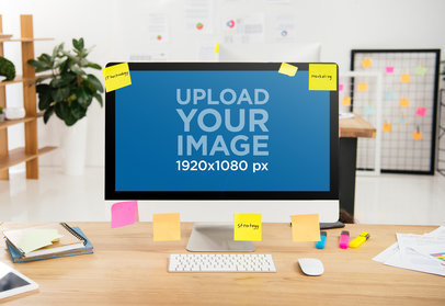 iMac Mockup Featuring an Office Setting and Sticky Notes m16112-r-el2