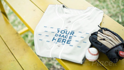 Baseball Uniform Builder - Jersey Lying on a Bench with a Baseball and Glove a16932