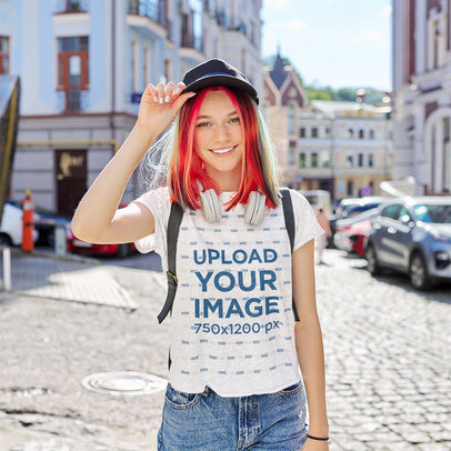 T-Shirt Mockup of a Teenage Girl with a Colorful Hairstyle