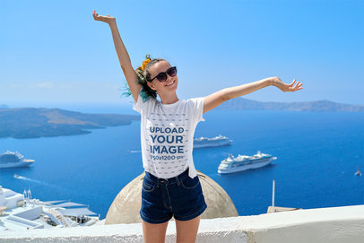 T-Shirt Mockup Featuring a Woman Visiting Greece